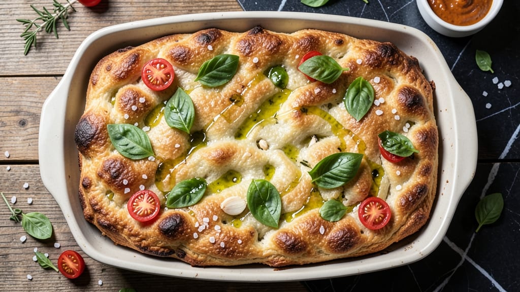Airy Focaccia Bread Recipe: Olive Oil Infusion and Crispy Olive Topping